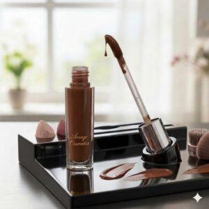 Home Brown nude liquid lipstick with applicator wand and swatch, Amaze Cosmetics long-lasting matte lip color on makeup tray