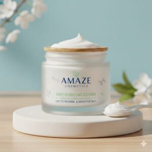 Home Open Jar of Amaze Cosmetic Moisturising Cream showing thick, creamy texture on a ocean blue background.
