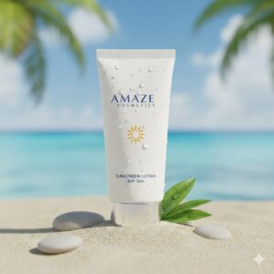 Home "Amaze Cosmetics Sunscreen Lotion(SPF 50+) tube on sandy tropical beach"
