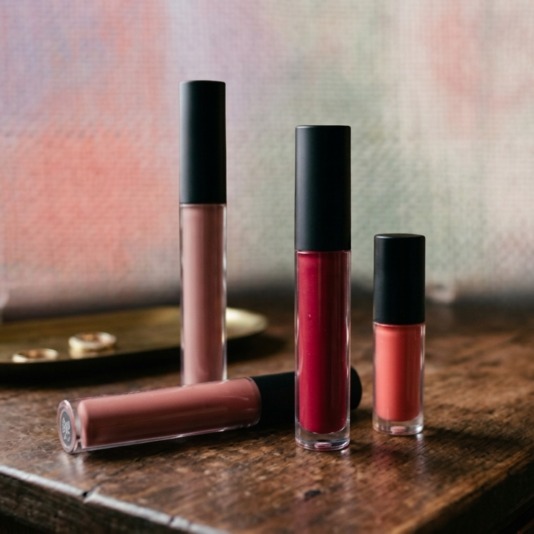 four liquid lipstick containers of various colors in red, shimmery, peach, and nude which one in lying on table top