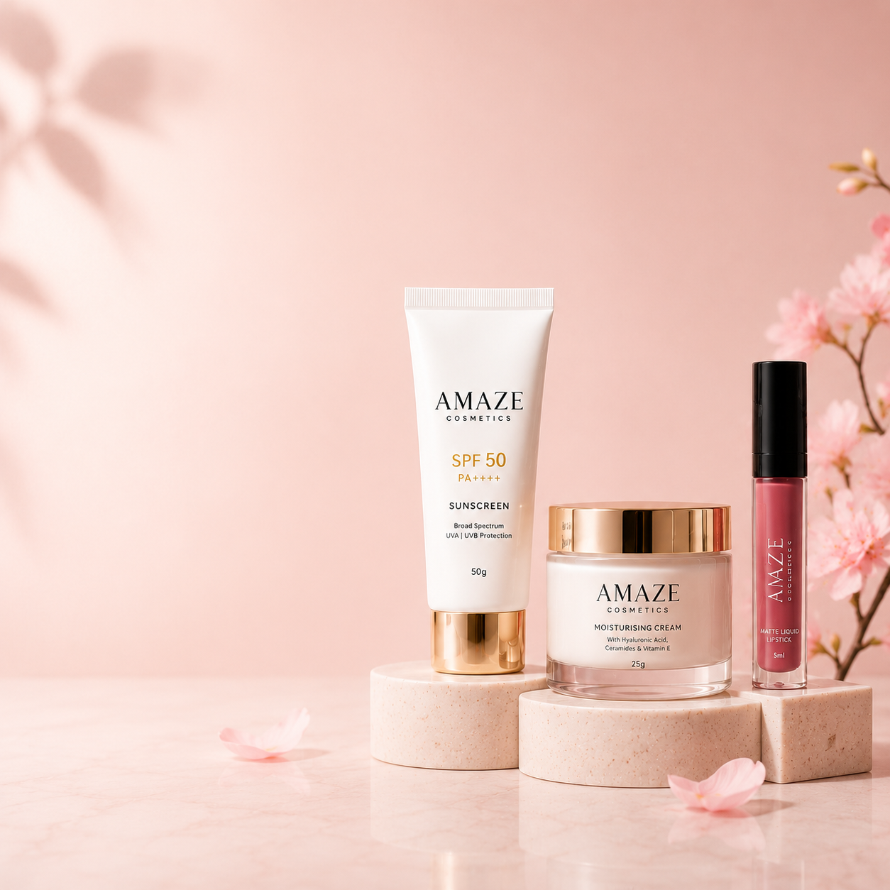 Amaze Cosmetics moisturising cream, SPF 50 sunscreen and matte liquid lipstick displayed in a minimalist pink skincare and makeup collection