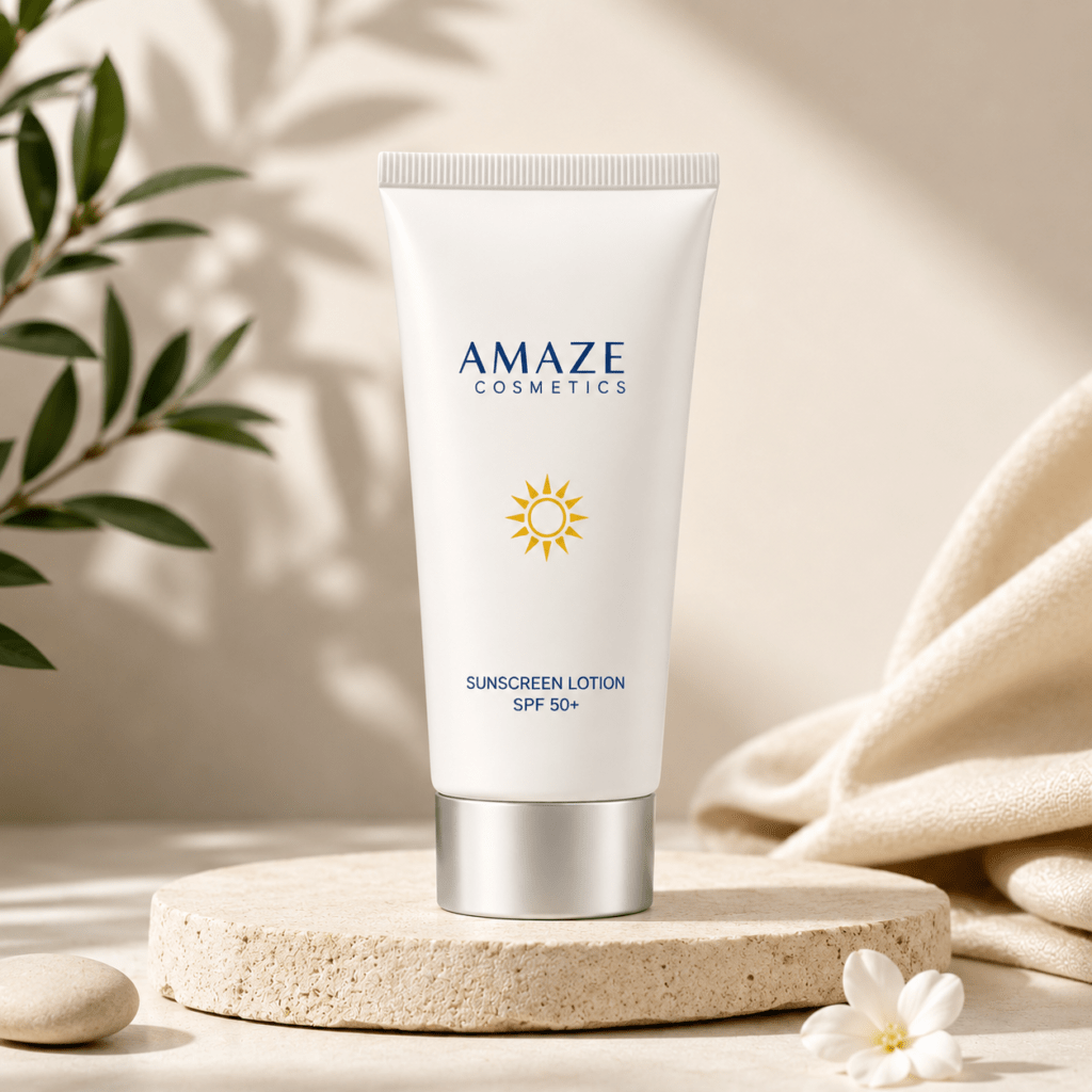 A tube container of Amaze Cosmetics SPF 50 PA++++ Sunscreen 50g with broad spectrum UVA UVB protection for face and body