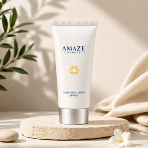 A tube container of Amaze Cosmetics SPF 50 PA++++ Sunscreen 50g with broad spectrum UVA UVB protection for face and body