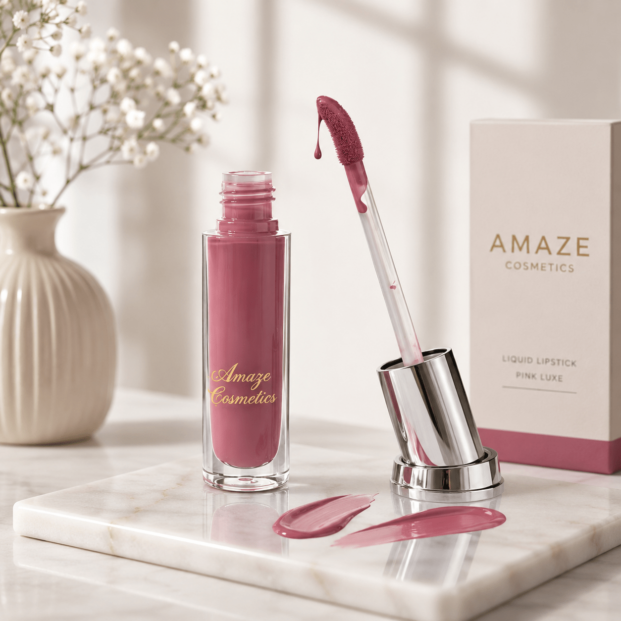 Amaze Cosmetics Matte Pink Liquid Lipstick Pink Luxe shade long lasting lipstick with smooth matte finish and hydrating formula