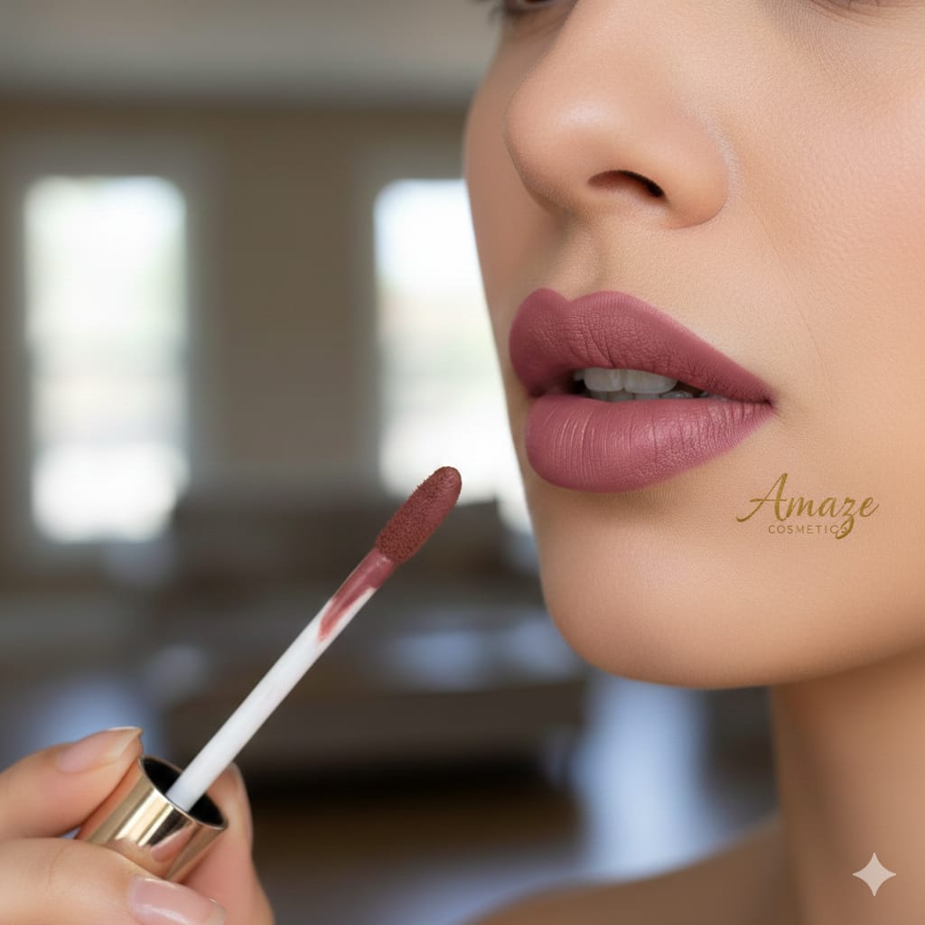 Amaze Cosmetics Matte Pink Liquid Lipstick Pink Luxe shade applied on lips showing long lasting matte finish suitable for Indian skin tones