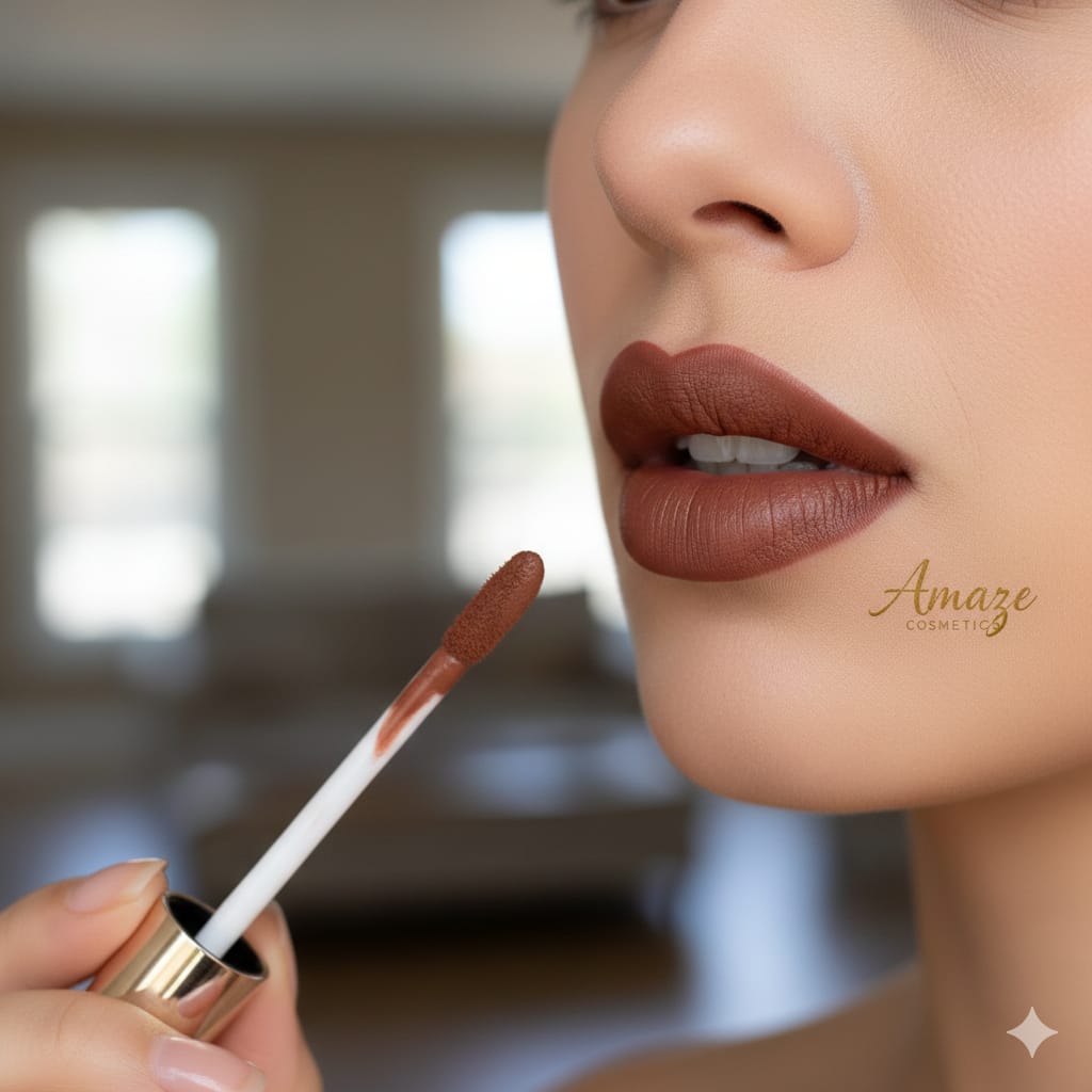 Amaze Cosmetics Matte Brown Liquid Lipstick Mocha Luxe shade applied on lips showing long lasting matte finish for Indian skin tones