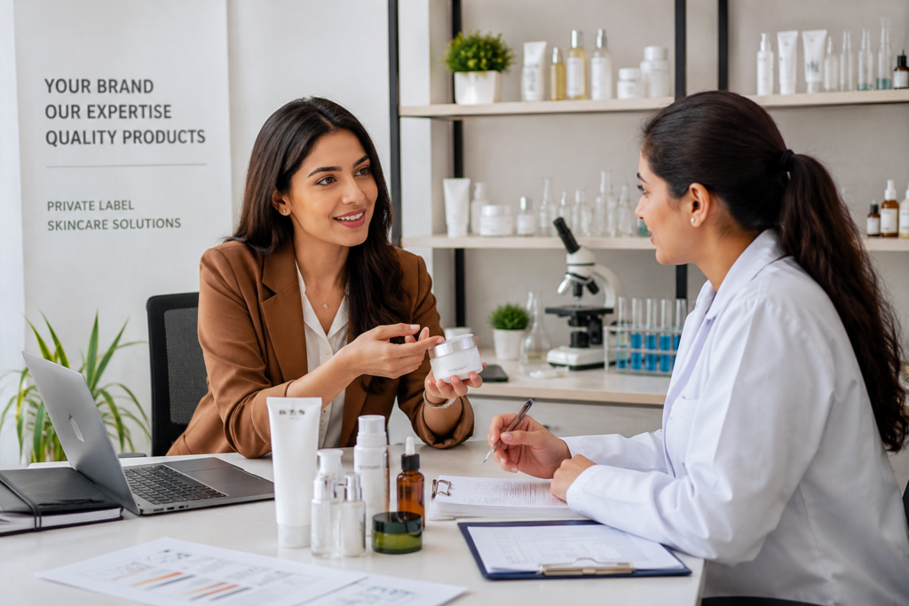 Entrepreneur discussing skincare product development and private label manufacturing solutions with a cosmetic formulation expert.
