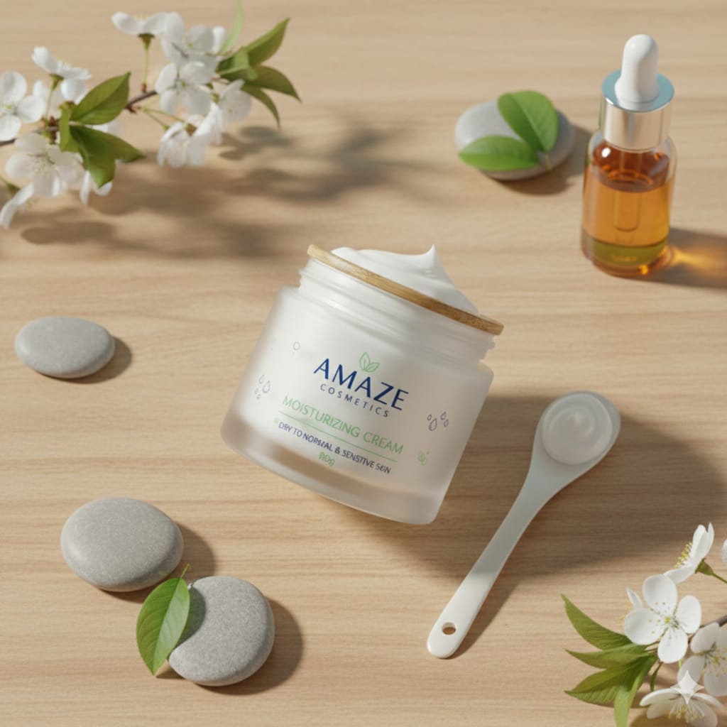 Amaze Cosmetics Moisturising Cream jar of 25g with Hyaluronic Acid and Aloe Vera for dry skin hydration and daily skincare