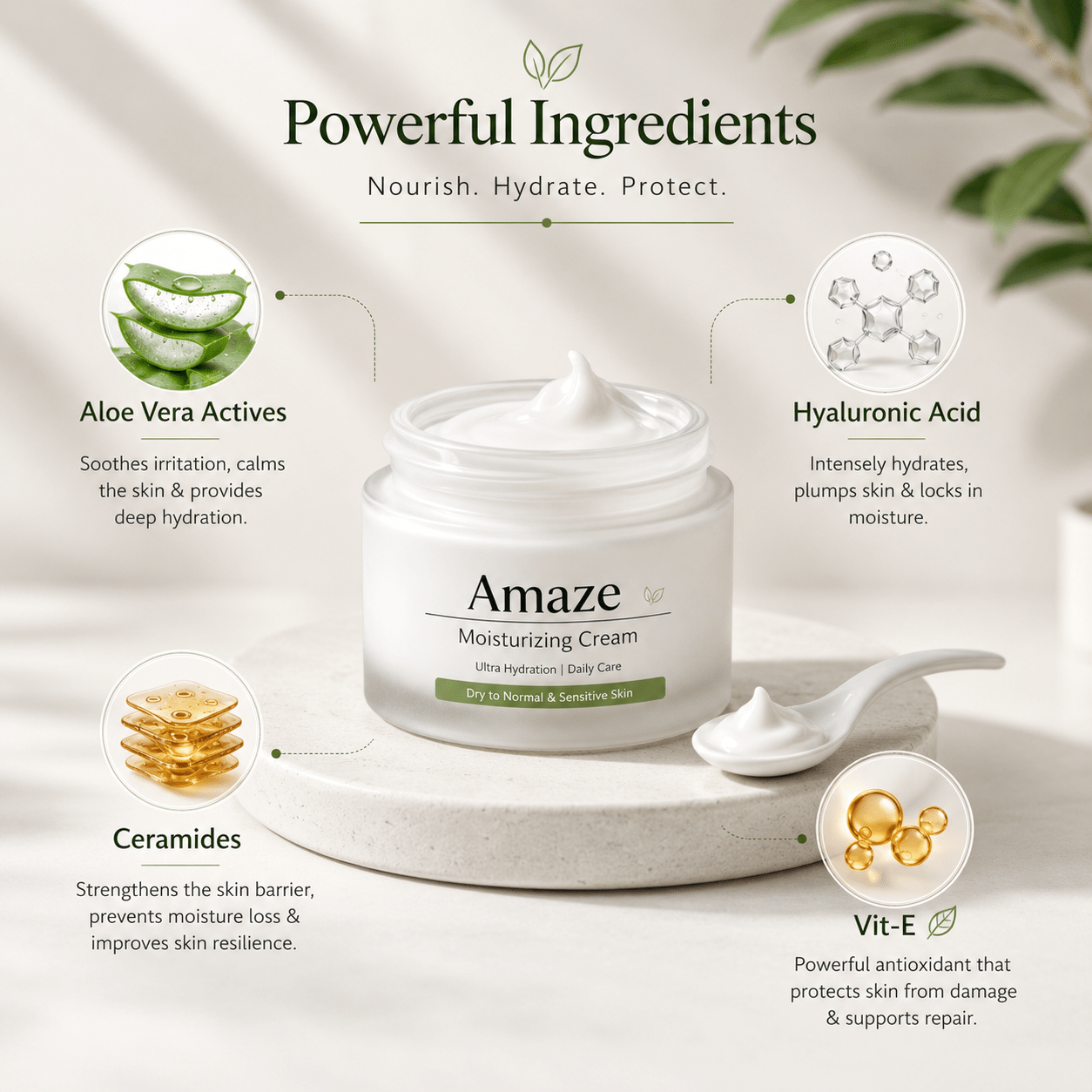 Amaze Cosmetics Moisturising Cream ingredients including Aloe Vera, Hyaluronic Acid, Ceramides and Vitamin E for dry skin hydration infographic